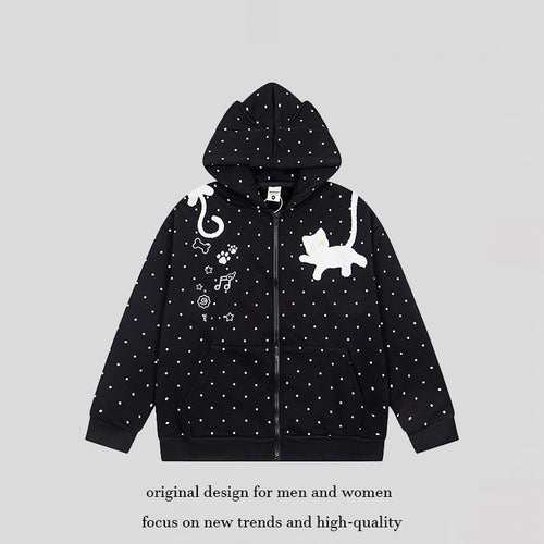Damen Kapuzen‑Sweatjacke mit Katzenohren, Punktallover und Chenille‑Katzenapplikation Drune