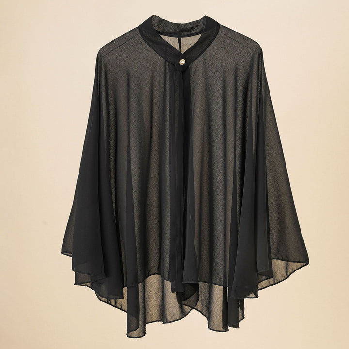 Damen Chiffon-Cape mit Schleifenkragen und Zierknopf Drune