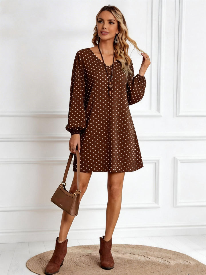 Damen Lockeres Tupfen‑Minikleid mit V‑Ausschnitt, Ballonärmeln und schwingender A‑Linie Drune