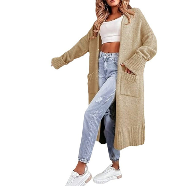 Damen Langer Strickcardigan mit gerippten Ärmeln und praktischen Taschen Drune