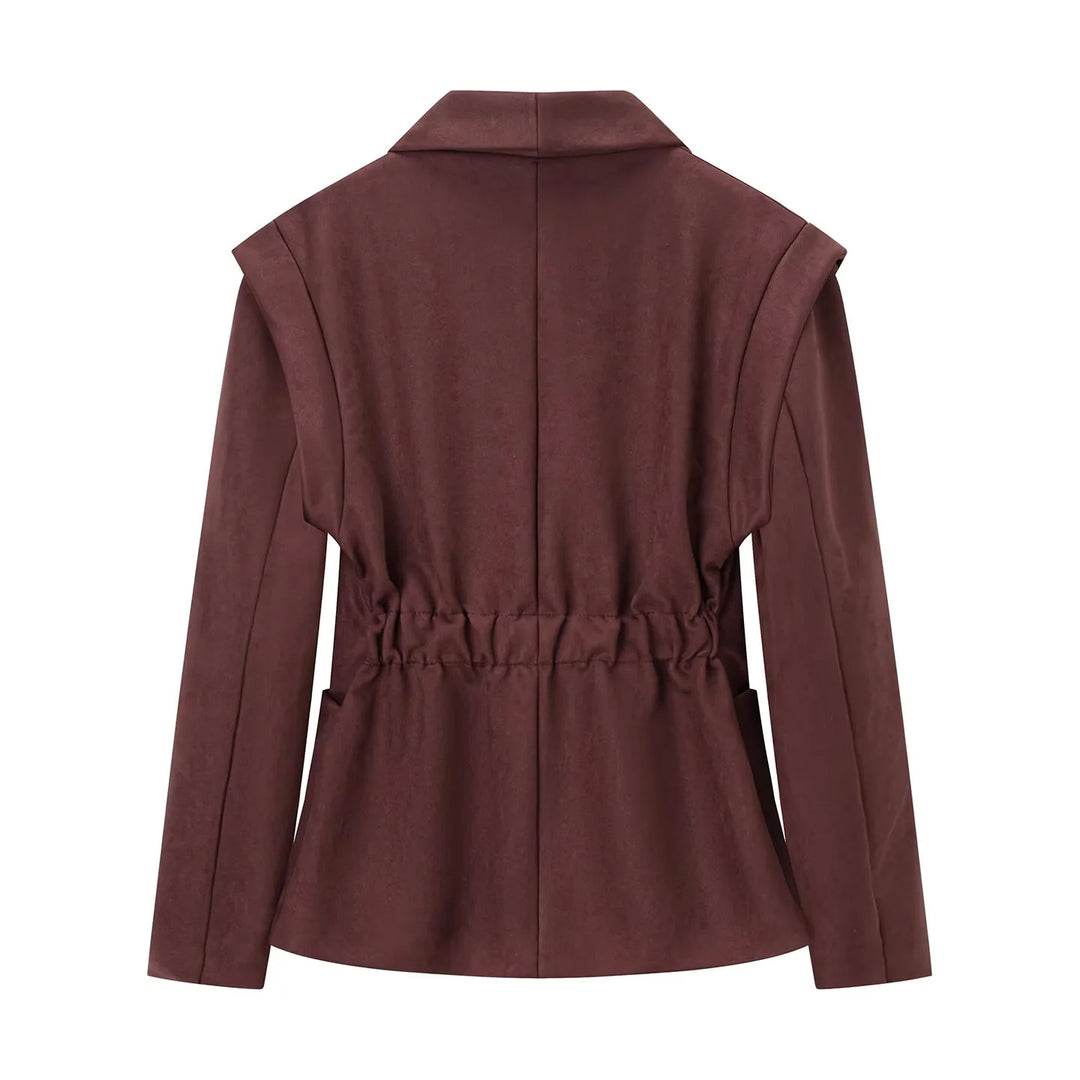 Damen nan eleganter Velours‑Optik Blazer mit tiefem Schalkragen Ein‑Knopf‑Verschluss und großen aufgesetzten Taschen Drune