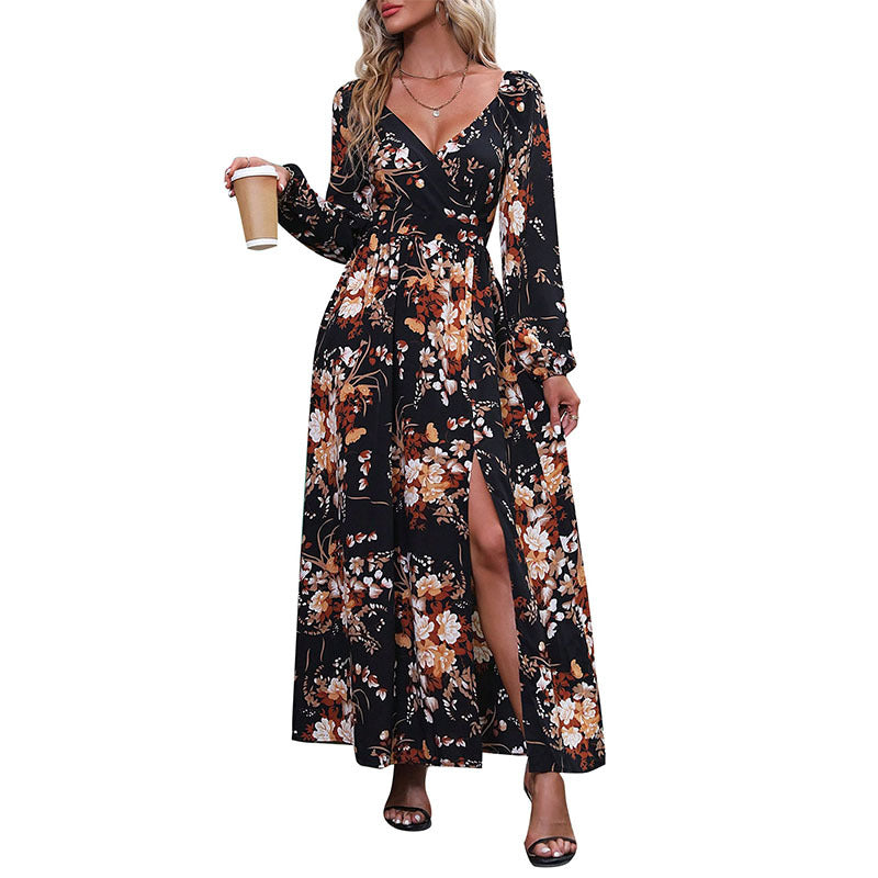 Damen Floral Maxikleid mit V-Ausschnitt und Rüschendetails Drune