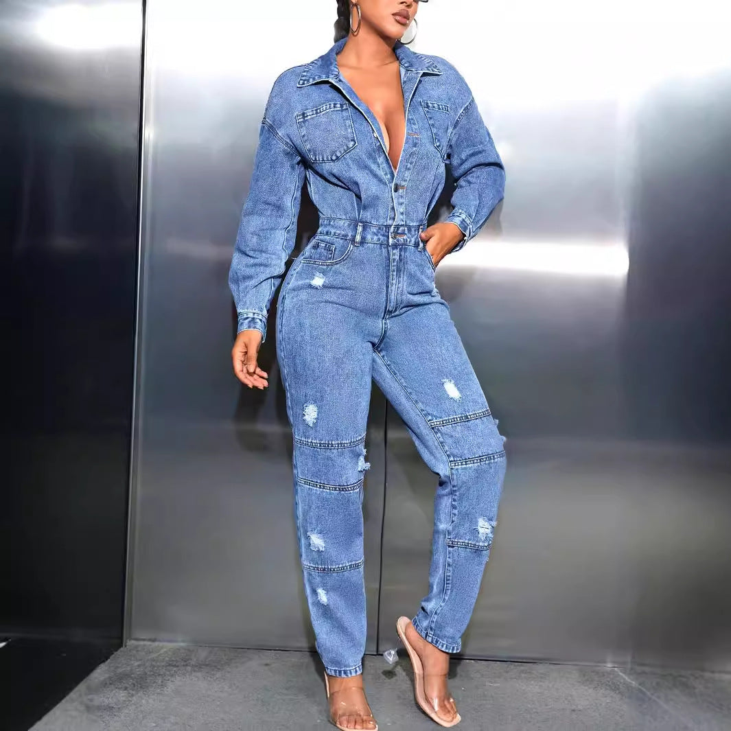 Damen Jeansoverall mit tailliertem Schnitt und modischen Destroyed-Details Drune
