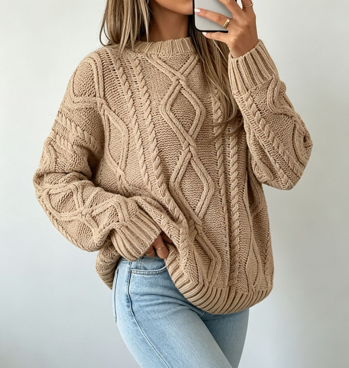 Damen Oversize Flechtstrick-Pullover mit Zopfmuster und Rundhals Drune