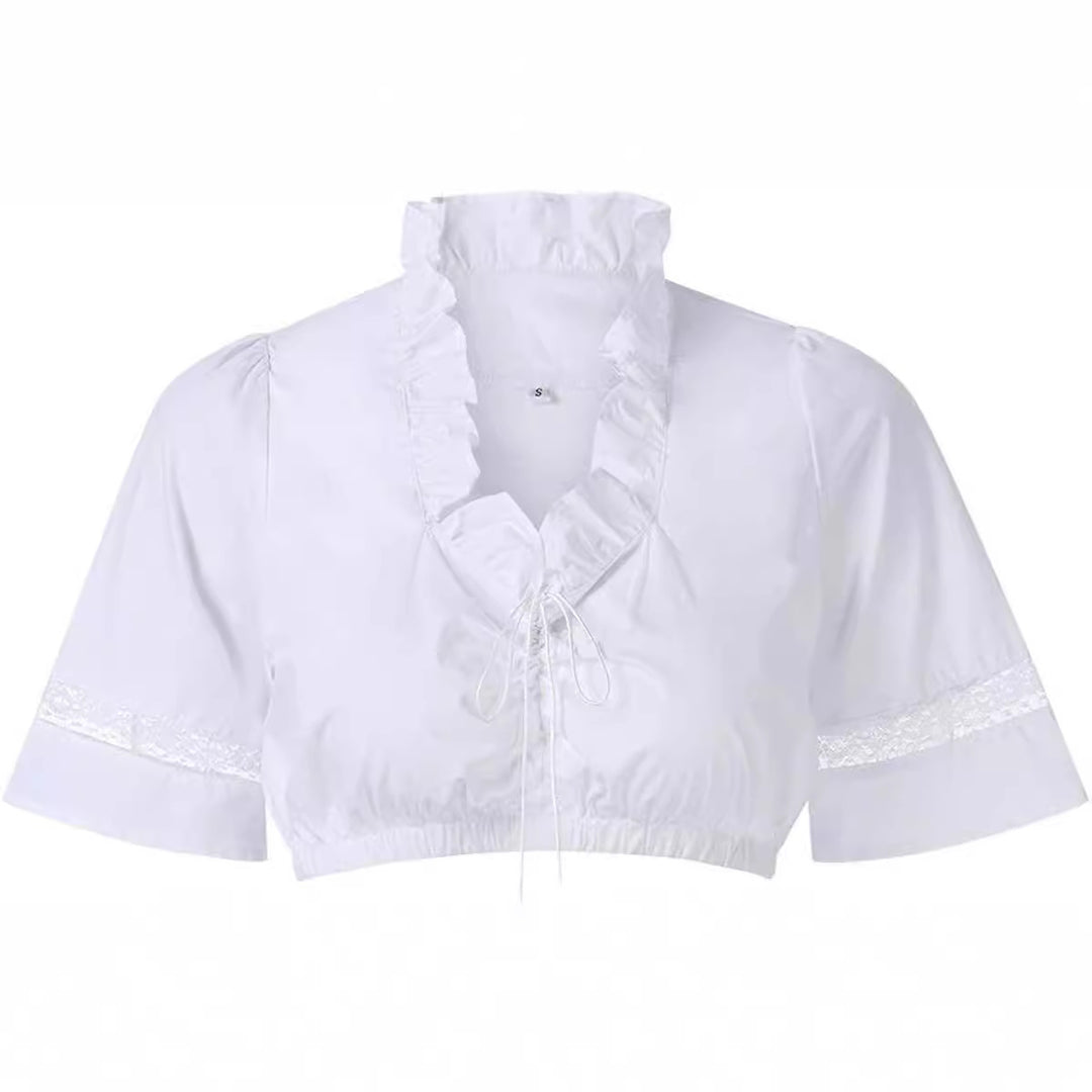 Damen  traditionelle Dirndlbluse mit Rüschenausschnitt und Spitzenbesatz sowie dreiviertelärmel Drune
