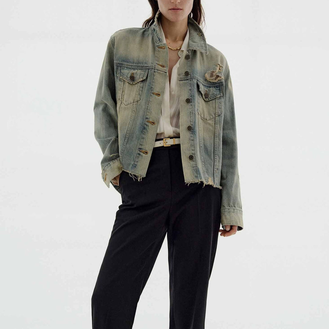 Damen nan oversized Destroyed-Denimjacke mit rohem Saum, aufgesetzten Brusttaschen und vintage Waschung Drune
