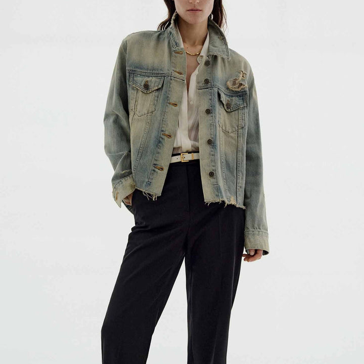 Damen nan oversized Destroyed-Denimjacke mit rohem Saum, aufgesetzten Brusttaschen und vintage Waschung Drune
