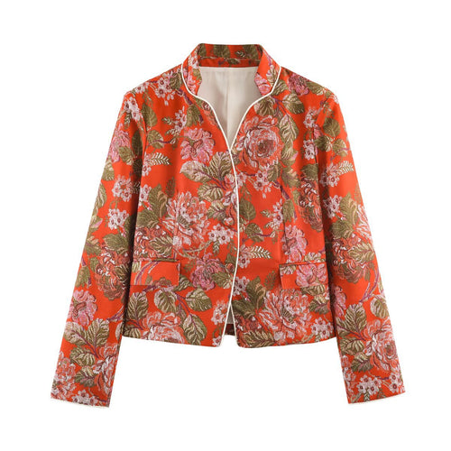 Damen Kurze Jacquard-Blazerjacke mit Blumenmuster und Stehkragen Drune
