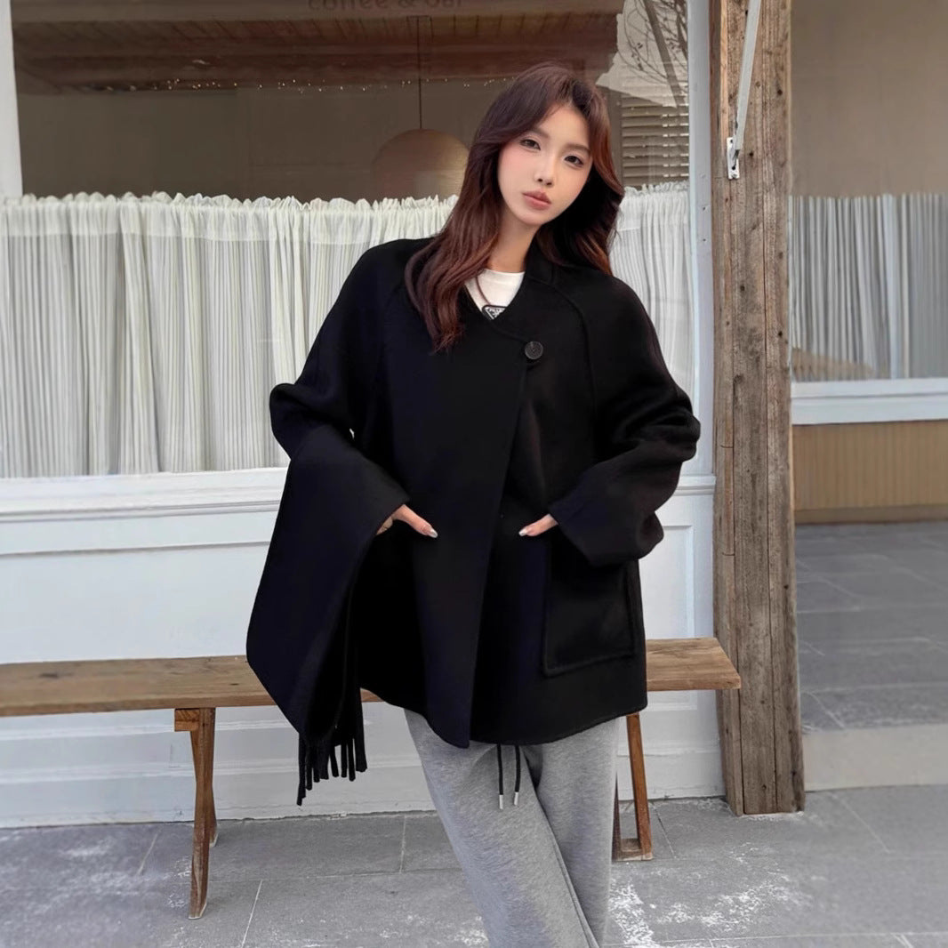 Damen Oversize Wollmantel mit voluminösem Schalkragen und Fransen Drune