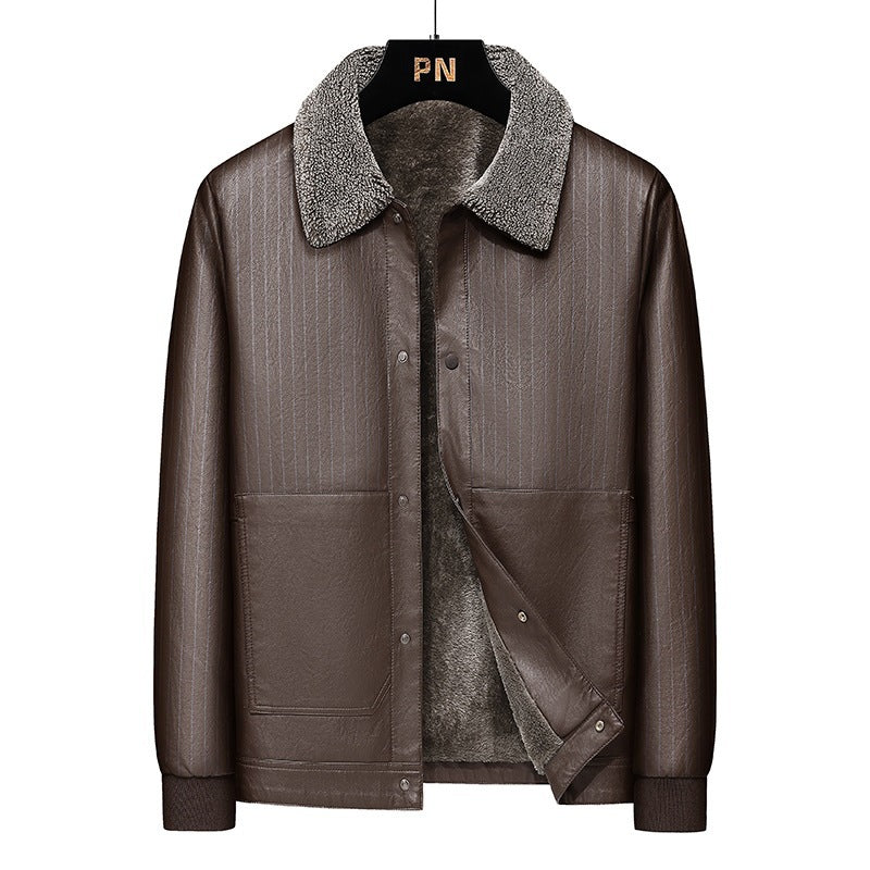 Herren Kunstleder-Blouson mit Sherpa-Kragen, wärmendem Teddyfutter und Nadelstreifen-Detail Drune