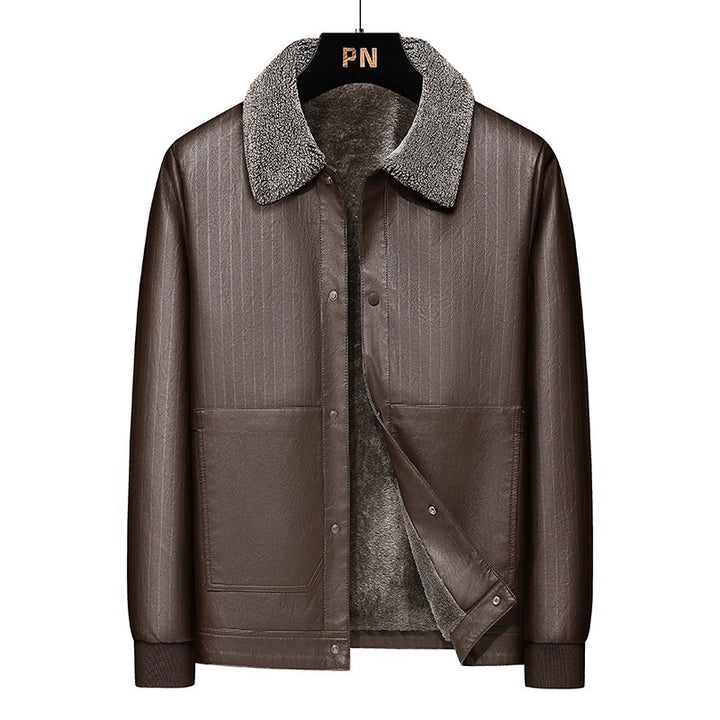 Herren Kunstleder-Blouson mit Sherpa-Kragen, wärmendem Teddyfutter und Nadelstreifen-Detail Drune