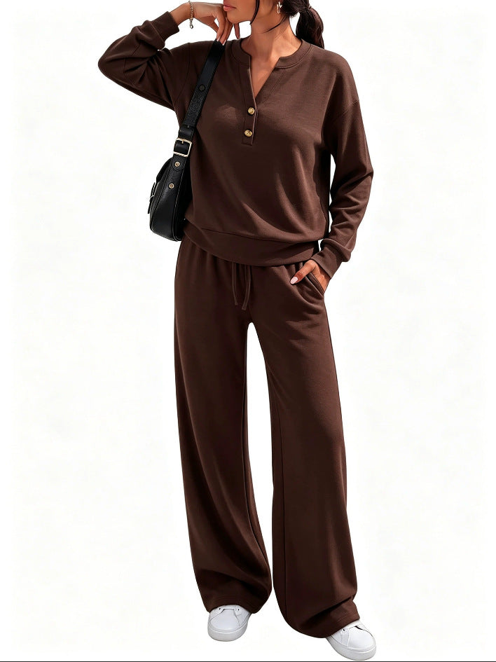 Damen Lounge-Set mit Henley-Kragen und palazzoweiter Jogginghose Drune