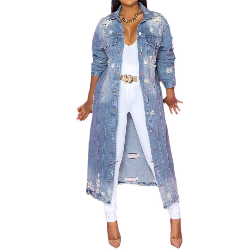 Damen nan langärmliges Jeans-Maxikleid mit Knopfleiste und Used-Details Drune