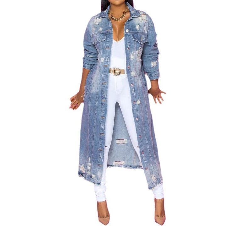 Damen nan langärmliges Jeans-Maxikleid mit Knopfleiste und Used-Details Drune
