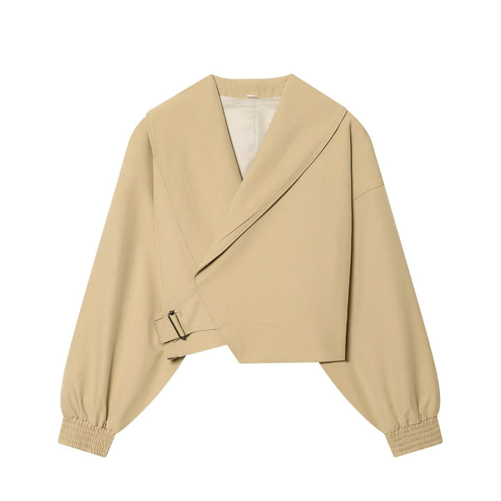 Damen Kurze Wickeljacke mit weitem Schalkragen, taillierendem Schnallenband und Ballonärmeln Drune