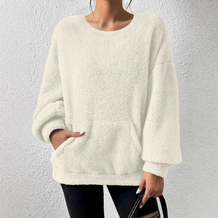 Damen Kuscheliger Oversize-Sherpa-Pullover mit Kängurutasche und Ballonärmeln Drune