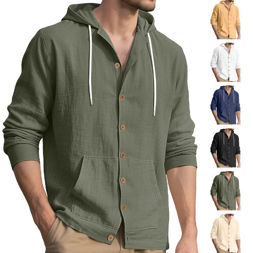 Herren nan leichtes Kapuzen-Übershirt im Crinkle-Look mit Holzknopfleiste und Kängurutasche Drune