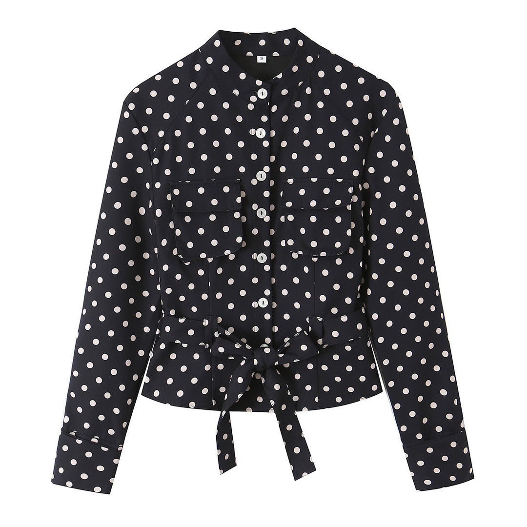 Damen Bluse mit Stehkragen, Taillengürtel und Brusttaschen Drune