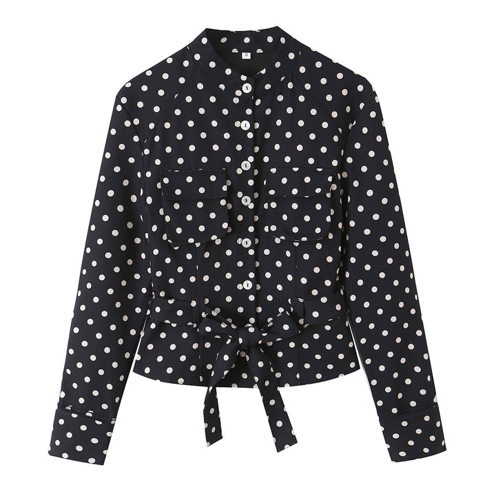 Damen Bluse mit Stehkragen, Taillengürtel und Brusttaschen Drune
