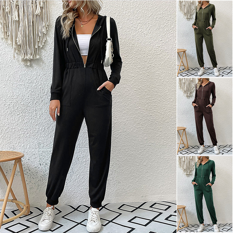 Damen Kapuzen-Jumpsuit mit Reißverschluss, elastischer Taillenpassform & Joggerbündchen Drune