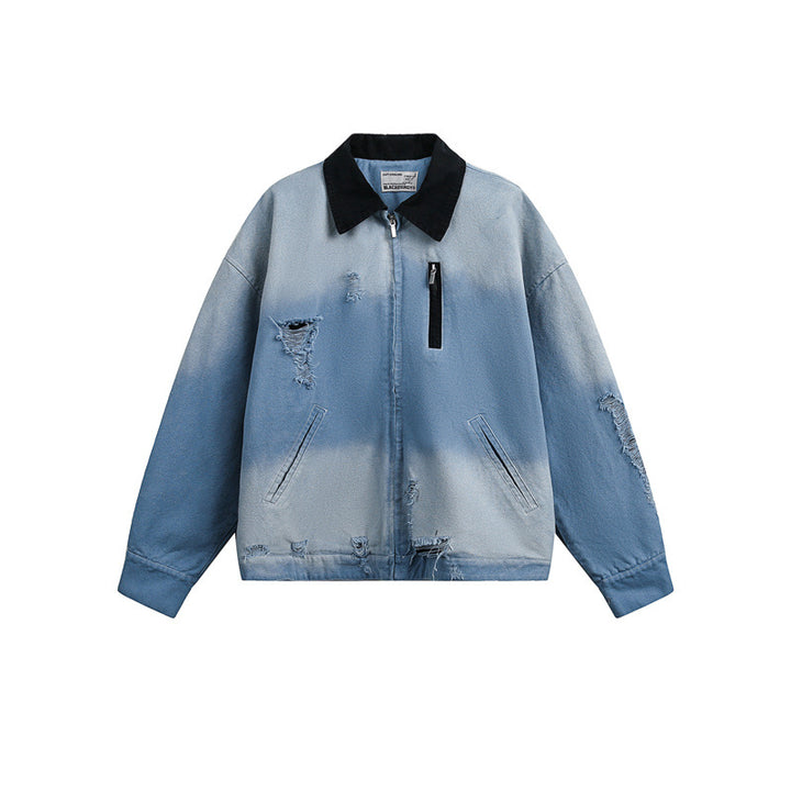 Herren Gekürzte Denim‑Blousonjacke im Used‑Look mit Cordkragen und Distressed‑Details Drune