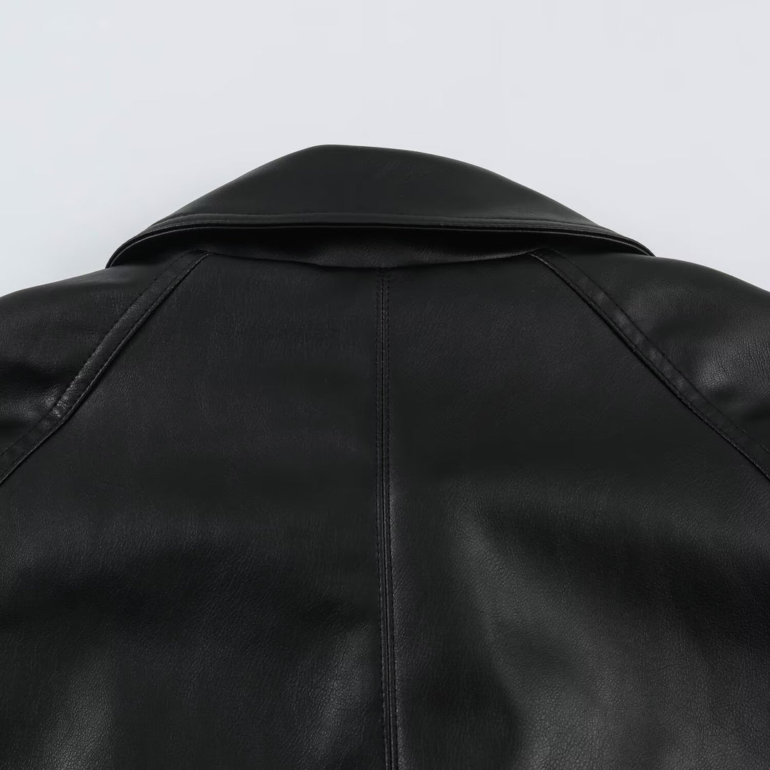 Damen Kurzjacke aus Lederimitat mit Taillengürtel und Oversize-Ärmeln Drune
