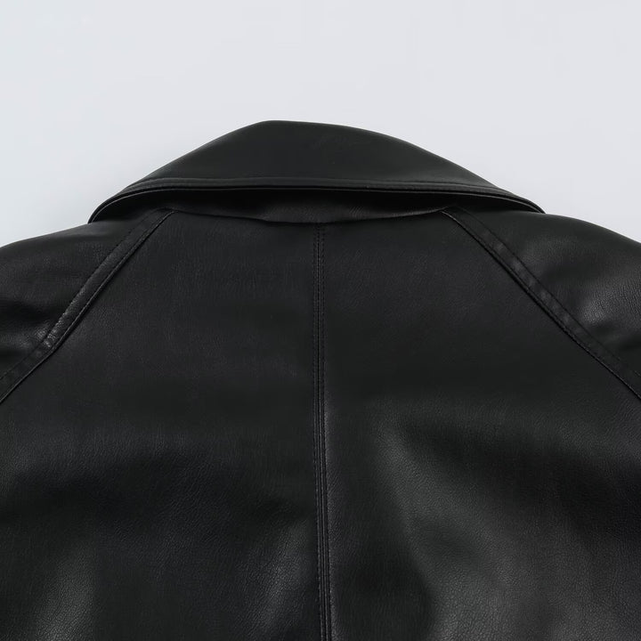 Damen Kurzjacke aus Lederimitat mit Taillengürtel und Oversize-Ärmeln Drune