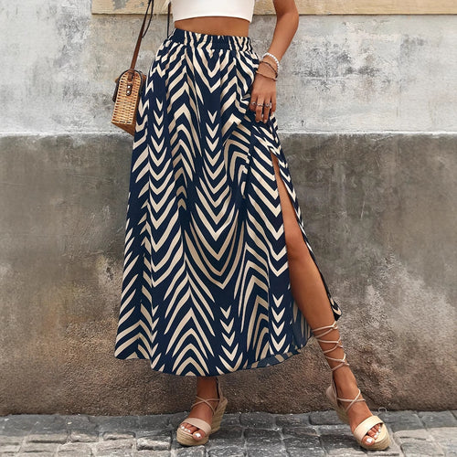 Damen Maxirock mit hohem Schlitz und modernem Zickzack-Muster Drune