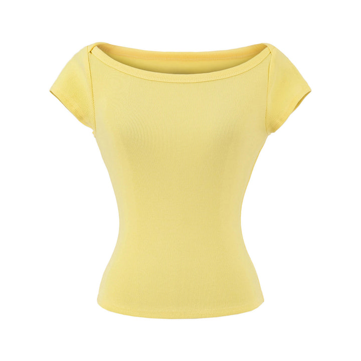 Damen figurbetontes Kurzarmshirt mit weitem Rundhalsausschnitt und feiner Rippstruktur Drune