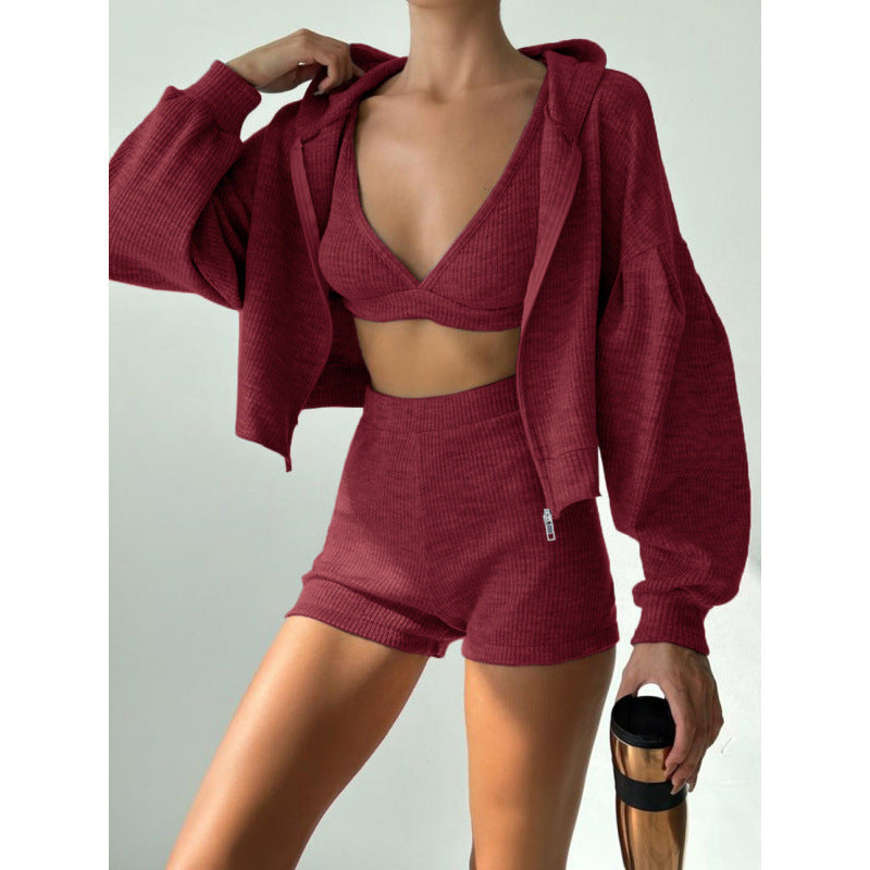 Damen nan kurzes geripptes Lounge-Set mit Kapuzen-Zipjacke und Highwaist-Shorts Drune