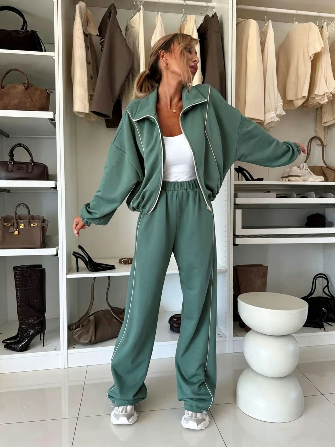 Damen Loungewear-Set Cropped Zipjacke und hochgeschnittene Jogginghose mit Gummibund Drune
