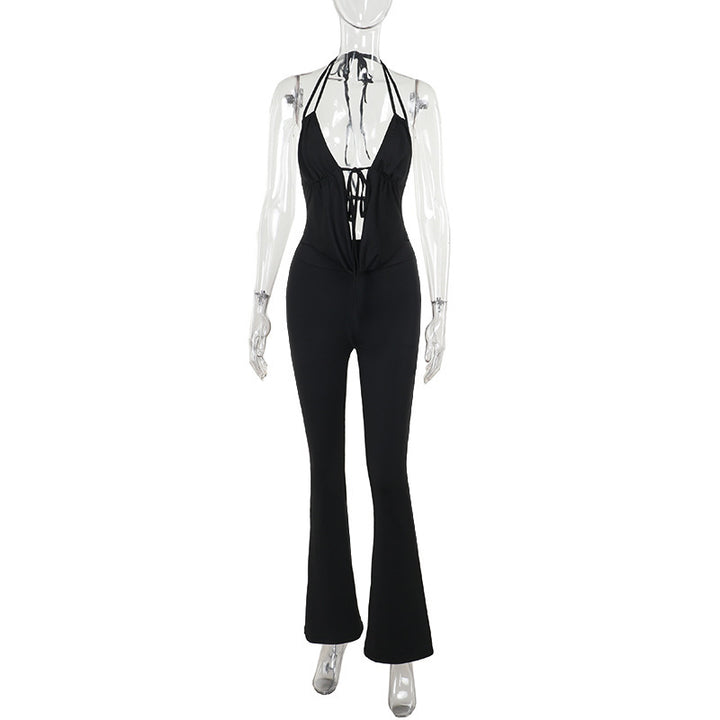 Damen stilvoller Jumpsuit mit tiefem V-Ausschnitt und Schnürung Drune