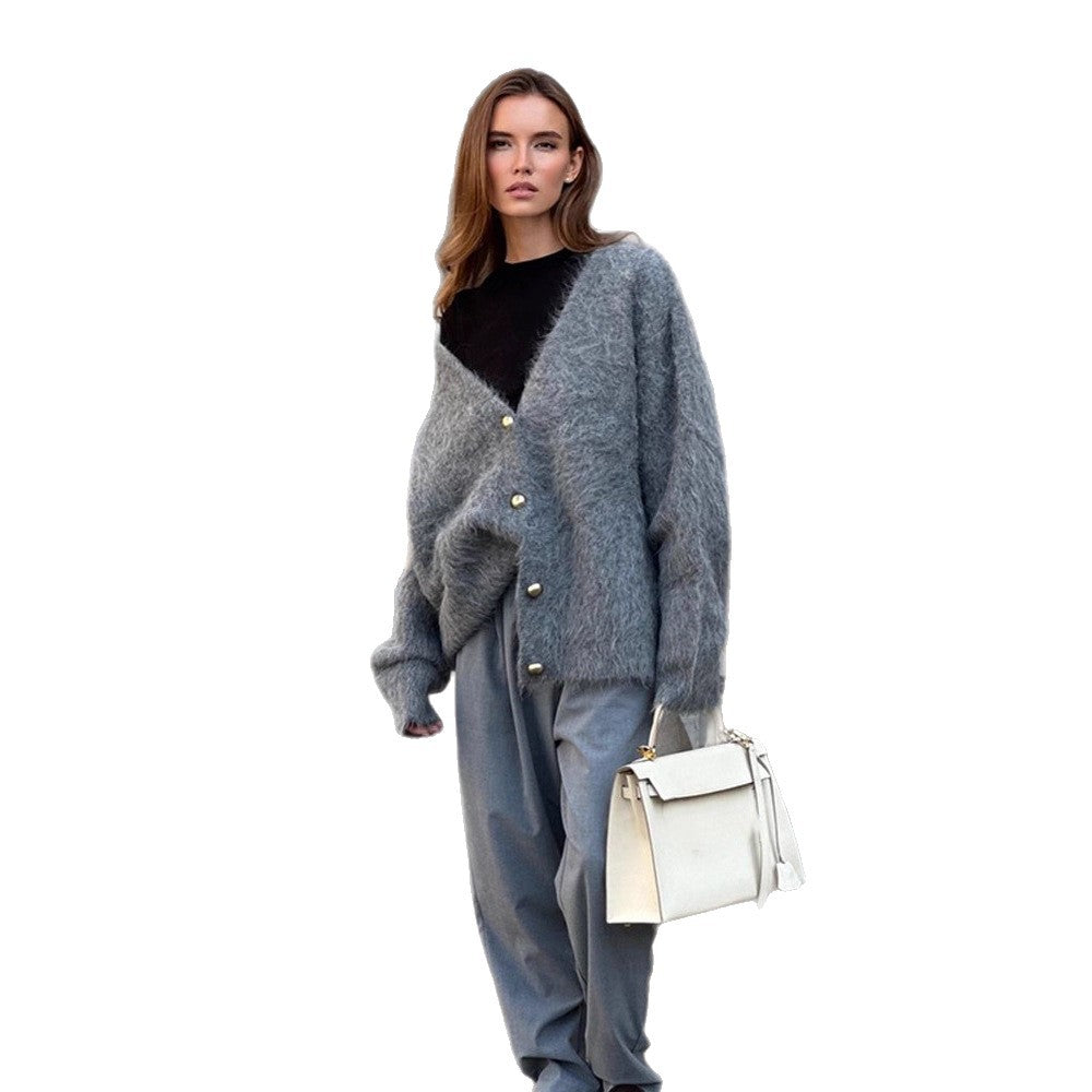 Damen Flauschige Mohair‑Optik Oversize‑Strickjacke mit V‑Ausschnitt und goldenen Zierknöpfen Drune