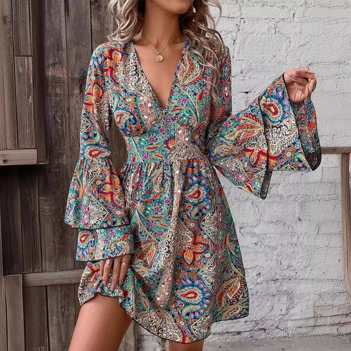 Damen nan Boho-Minikleid mit tiefem V-Ausschnitt, Trompetenärmeln und geraffter Taille Drune