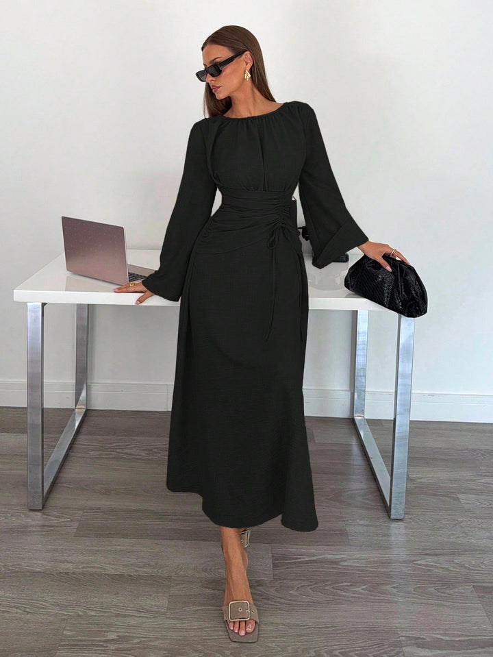 Damen Maxikleid mit geraffter Taillen-Schnürung, weiten Ärmeln und fließendem Rock Drune
