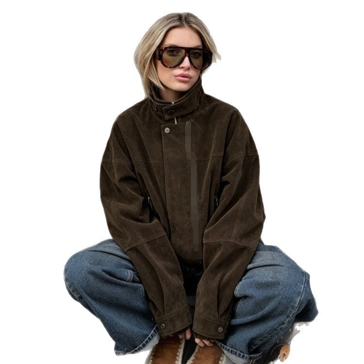 Damen Boxy-Suede-Bomberjacke mit hohem Stehkragen und elastischem Saum Drune