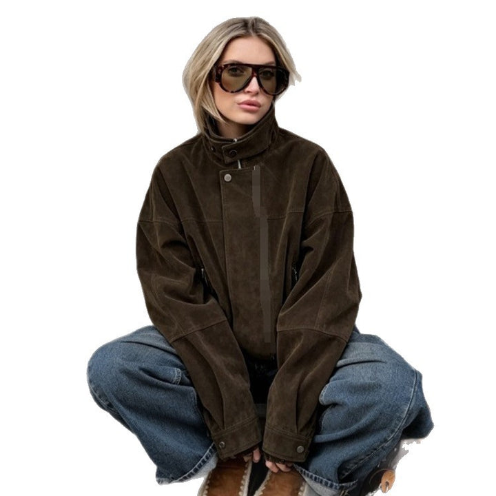 Damen Boxy-Suede-Bomberjacke mit hohem Stehkragen und elastischem Saum Drune