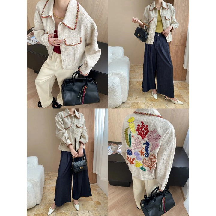 Damen lässige Jacke mit gestickten Akzenten und lockeren Ärmeln Drune