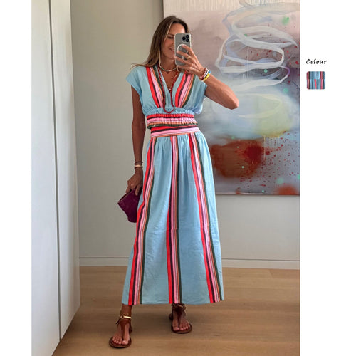 Damen Strandmaxi-Kleid mit elastischem Taillenbund und buntem Streifenmuster Drune