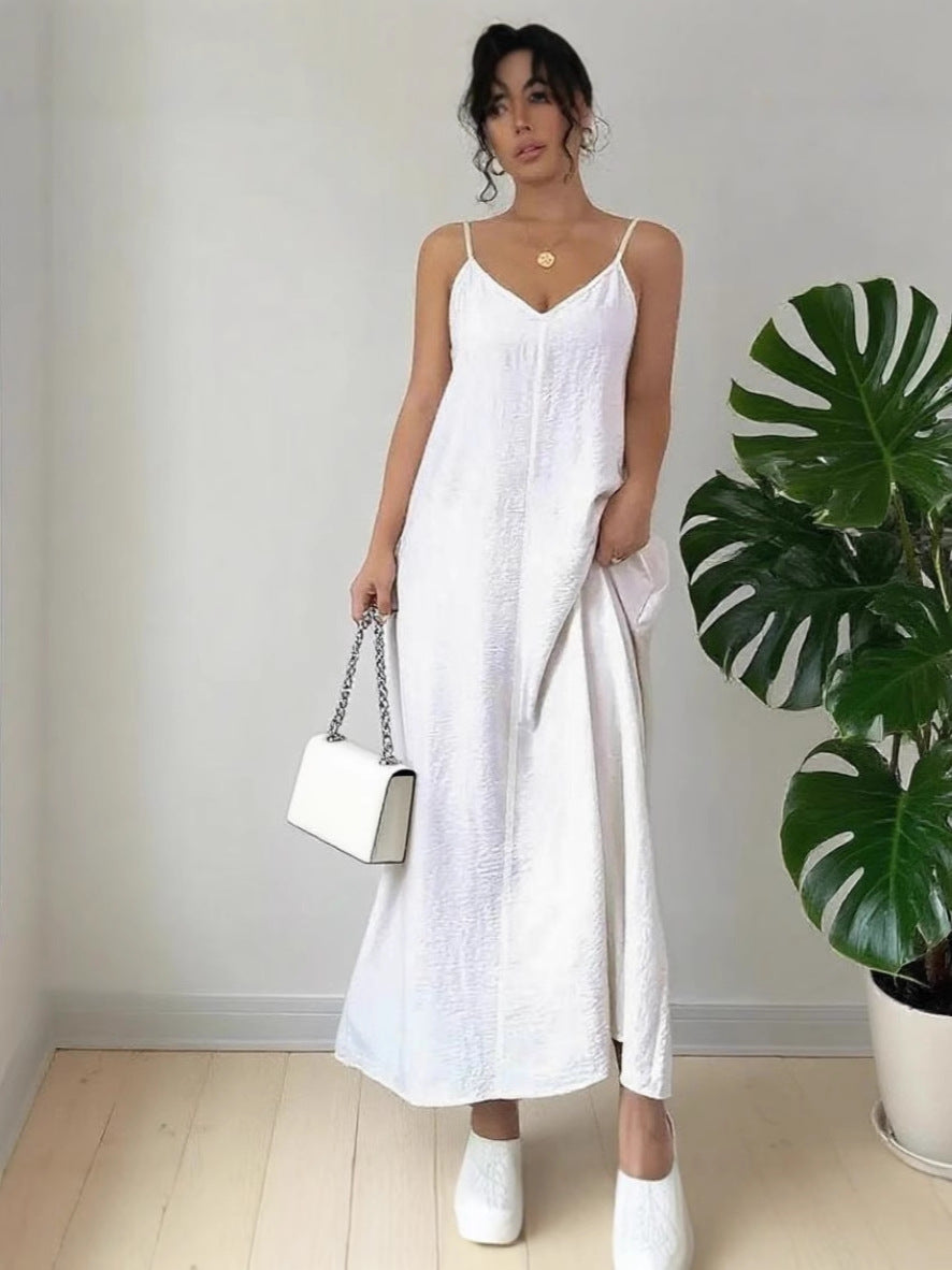 Drune | Damen Weiß Loose Idle Lange Slip Nachthemd Lässige Bequeme Oberbekleidung Hausbekleidung