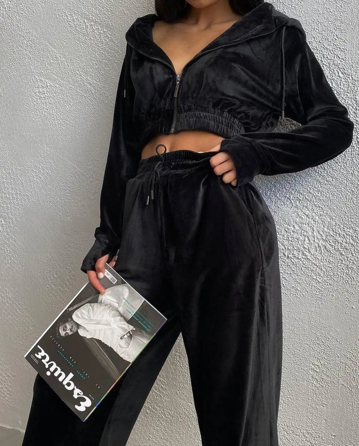 Damen Samt-Loungewear-Set mit Cropped Zip-Kapuzenjacke und weiter Palazzohose Drune