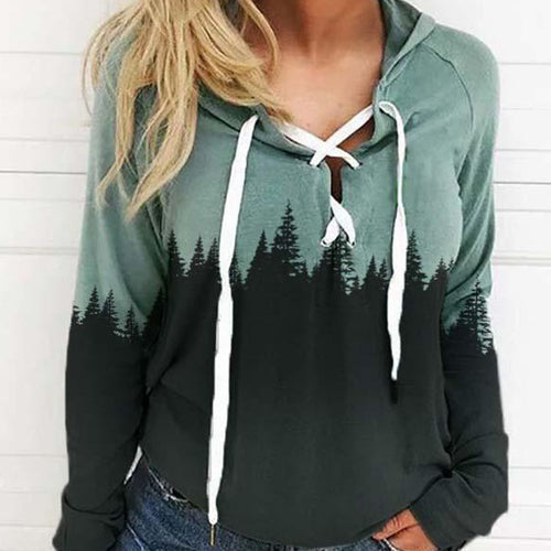 Damen Kapuzenpullover mit Waldprint, Schnürdetail und Raglanärmeln Drune