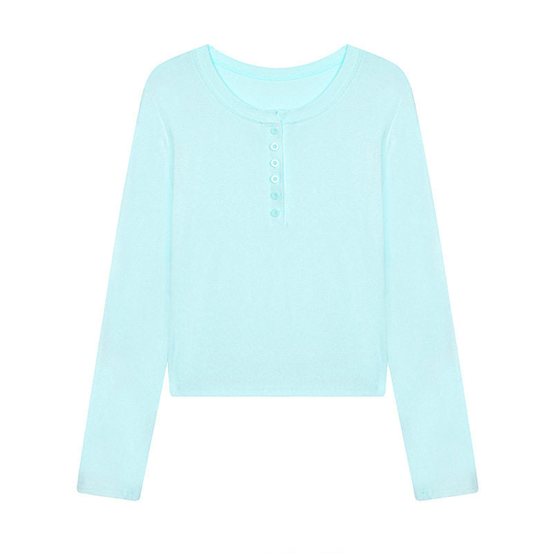 Damen Kurz geschnittenes Henley Langarmshirt aus Baumwolljersey mit Knopfleiste Drune