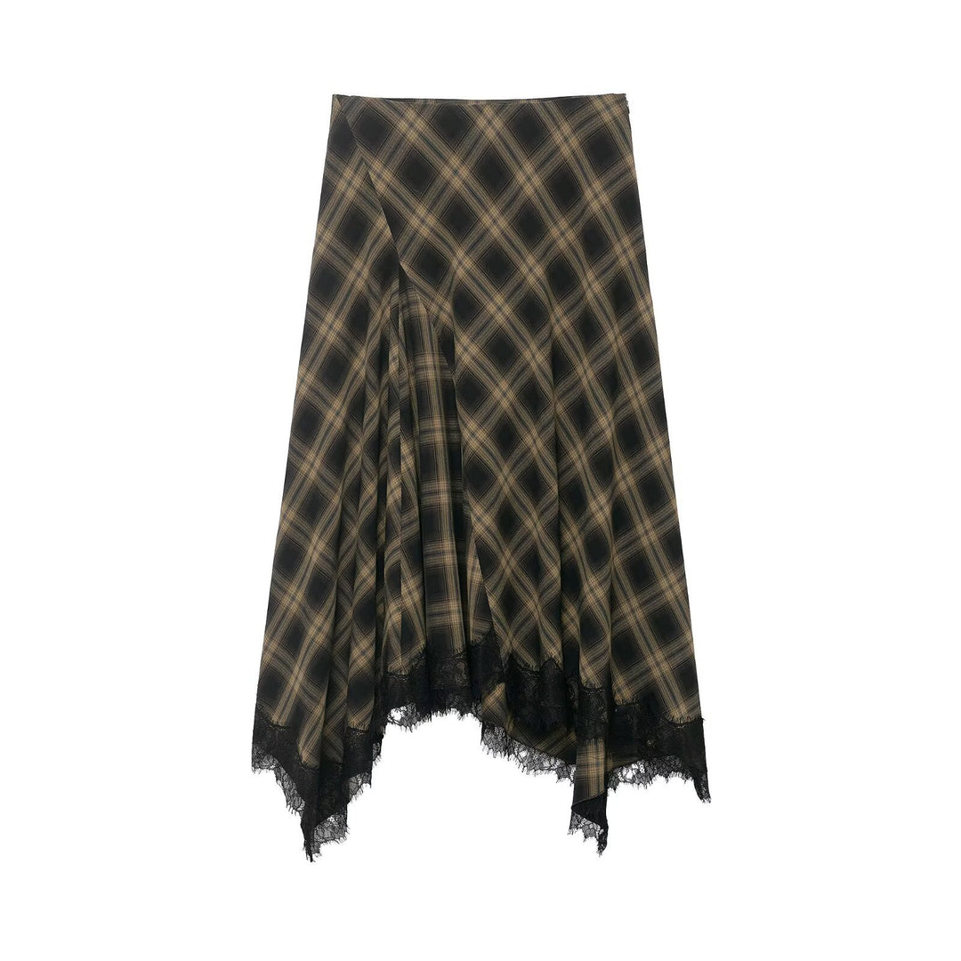 Damen Wickelrock mit eleganter Spitze und modernem Karomuster Drune