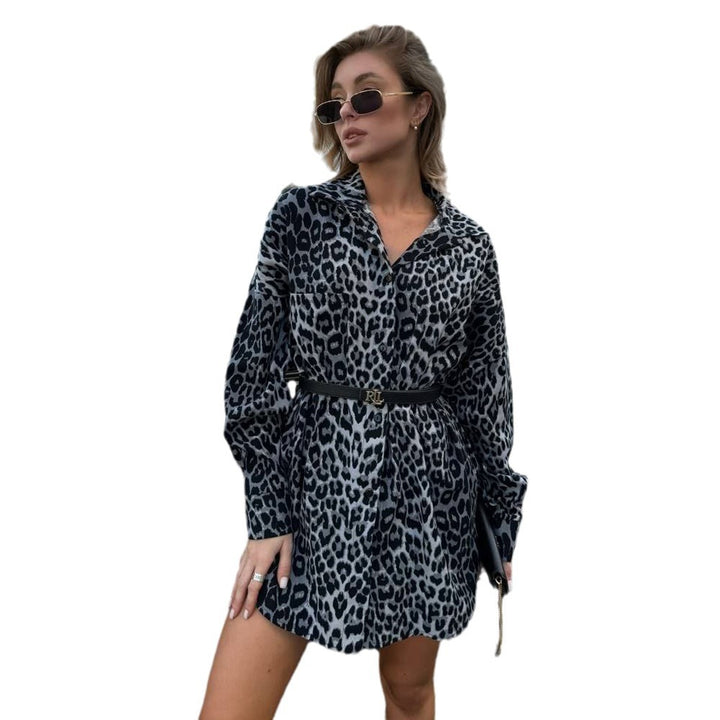 Damen Zebra-Muster Hemdblusen-Kleid mit bindbarem Taillengürtel Drune