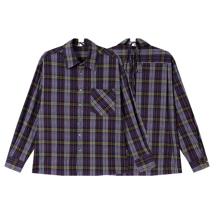 Damen Oversize-Karobluse aus leichter Baumwollmischung mit diagonalem Brusttaschen-Detail Drune