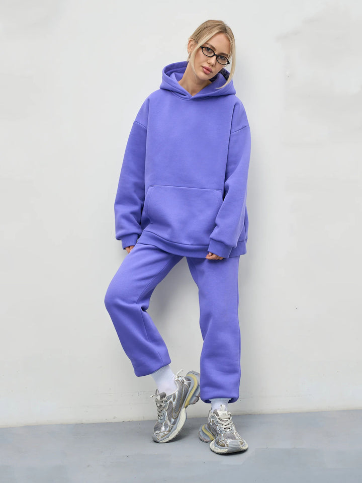 Damen lässiges Kapuzen-Sweatset aus schwerer Baumwollfleece mit Kängurutasche und gerader Jogginghose Drune