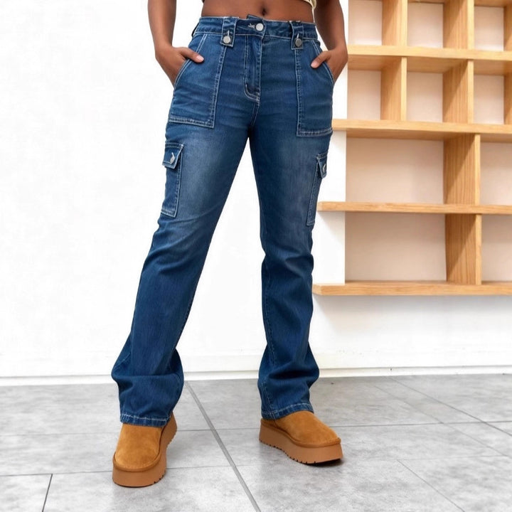 Damen Hochtaillierte Cargo-Denim-Jeans mit geradem Bein und aufgesetzten Klappentaschen Drune