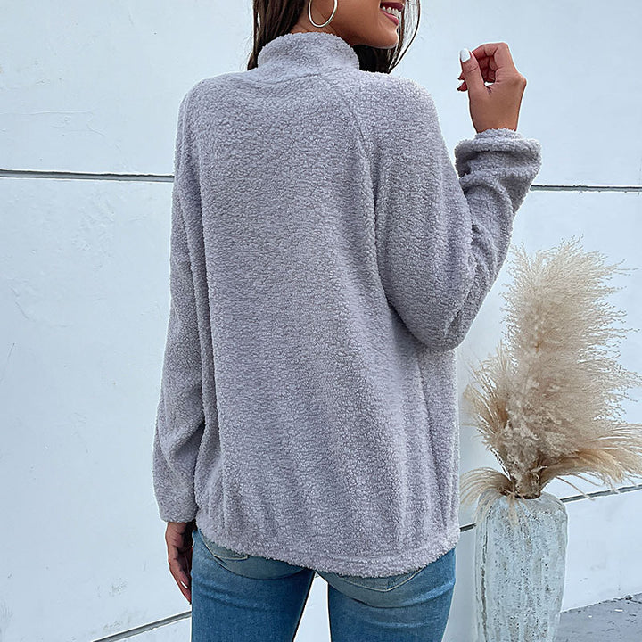 Damen Kuscheliger Teddy-Fleece-Pullover mit Stehkragen und Druckknopfleiste Drune