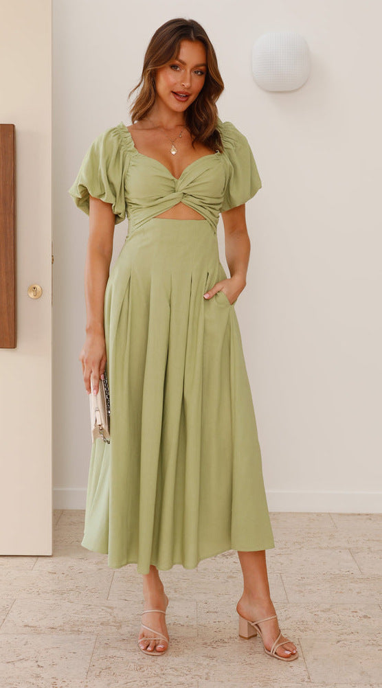 Damen Midikleid mit verspieltem Knotendetail und puffärmeligem Design Drune